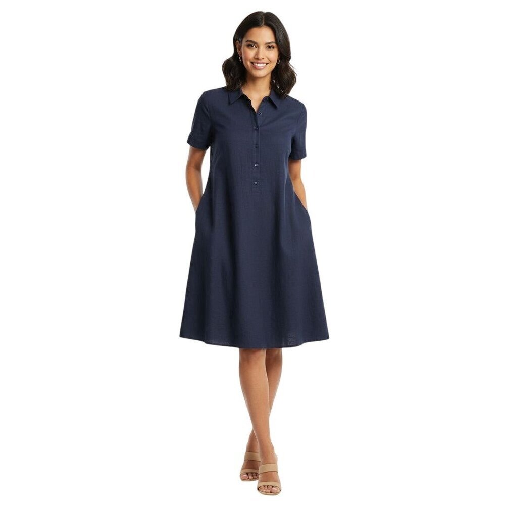 Tahari NWT Navy Classic A Line Shirt Dress Linen Blend Pockets Designer Size M
